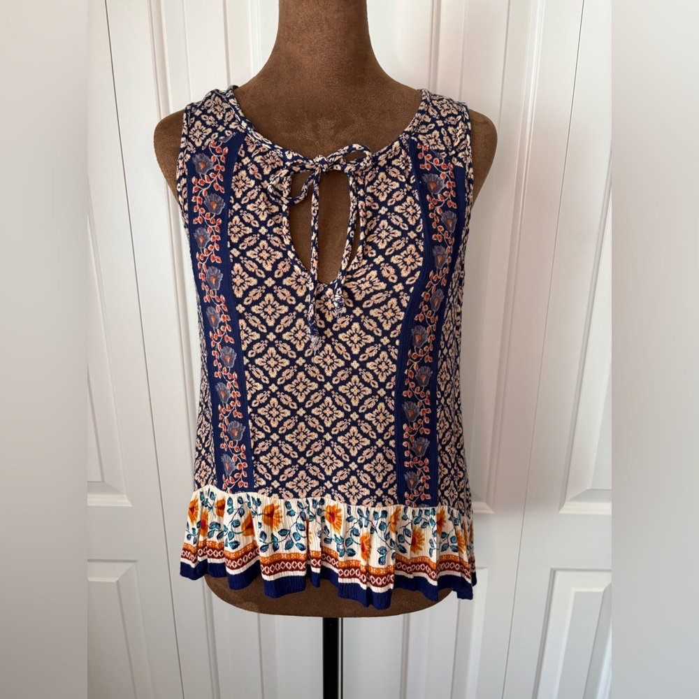 Patrons of Peace Navy and Orange Floral Blouse, Size Small